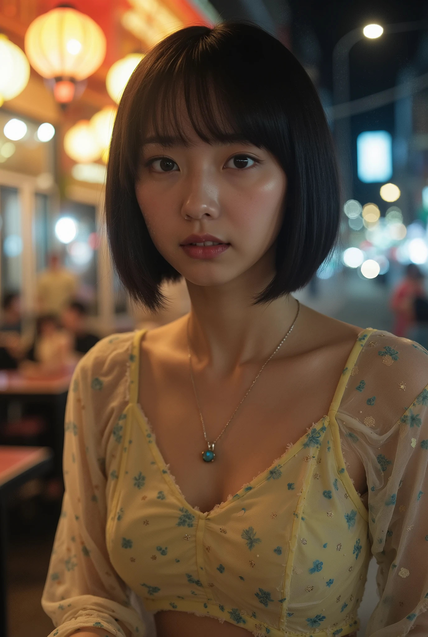 Create a portrait of an adorable Japanese idol with a semi-short hairstyle, showcasing an elegant spring outfit. She has a slender physique, medium breasts, and thin legs. The background should depict a nighttime cafeteria in a city, enhanced with dramatic lighting to emphasize the ambiance and her features.