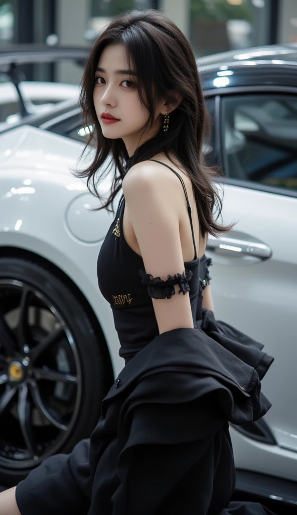 （From above：1.2），Sharp focus，Volumetric fog，upper-body，college student，Little black dress，Summer clothes，New，Wind fungus，Side collar，splicing，High waist，Long model，puled up dress，Korean version，lady，