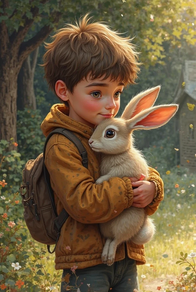 "Arjun, filled with joy, gently pets the rabbit, and it doesn’t run away, staying with him."
- Visual: Arjun, kneeling on the forest floor, is gently petting the small white rabbit. The rabbit looks calm and comfortable, sitting close to Arjun as he smiles warmly.