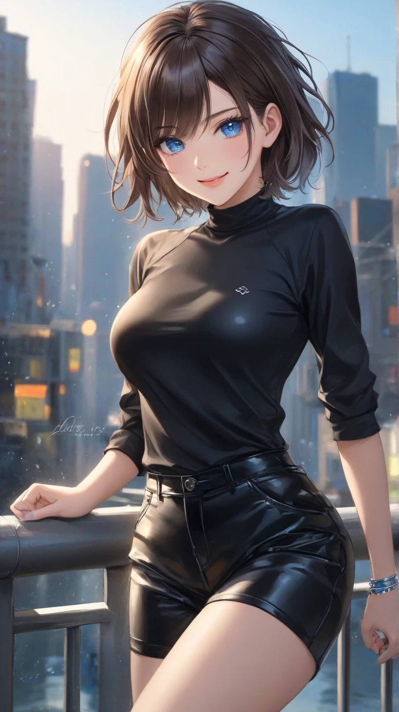 mature woman, mature face, hot face, glossy lips, (black hair, short hair, hime bangs), mature body, big breast, gray shirt, tight shirt, puffing chest out, (black leather jacket), tight pants, big ass, sidewalk, (night), front view, flirting expression