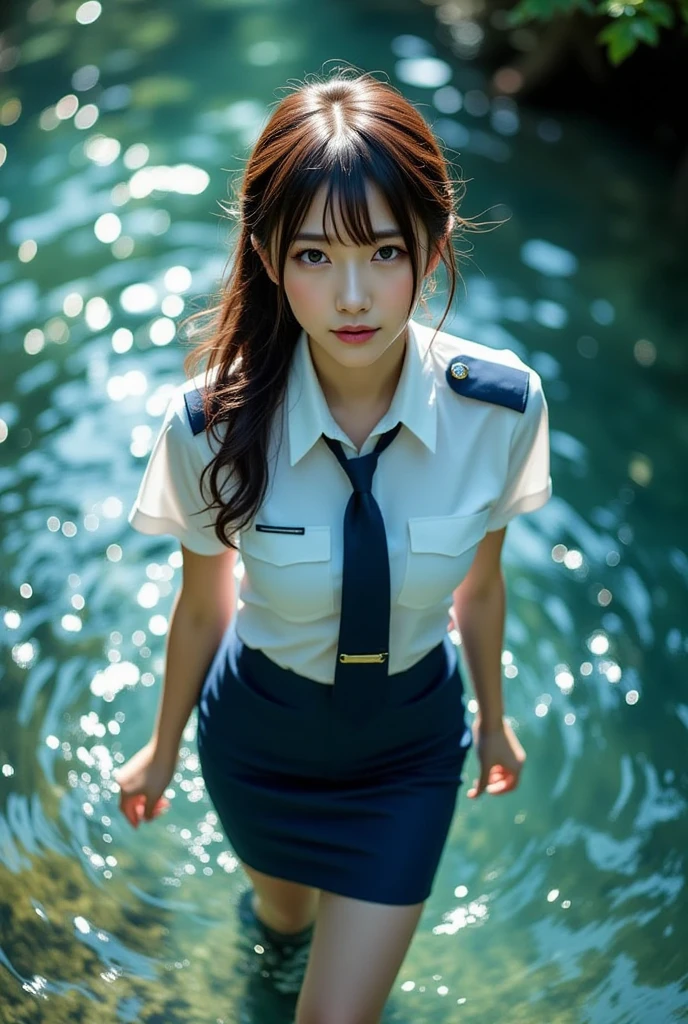 A female version of Inspector Gadget (cute sexy inspector 2 piece outfit, detective hat that has opened at the top and extended a robot arm holding an umbrella), downpour rain, new york