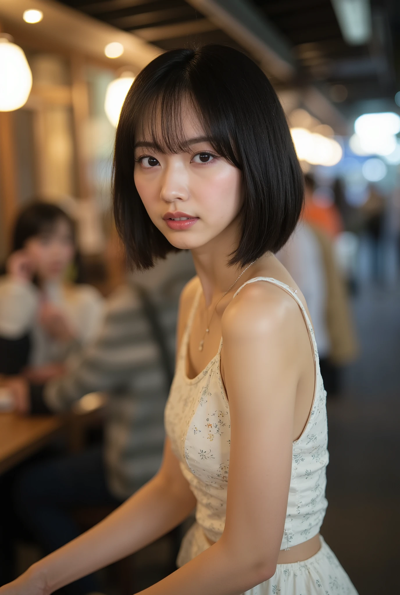 Create a portrait of an adorable Japanese idol with a semi-short hairstyle, showcasing an elegant spring outfit. She has a slender physique, medium breasts, and thin legs. The background should depict a nighttime cafeteria in a city, enhanced with dramatic lighting to emphasize the ambiance and her features.