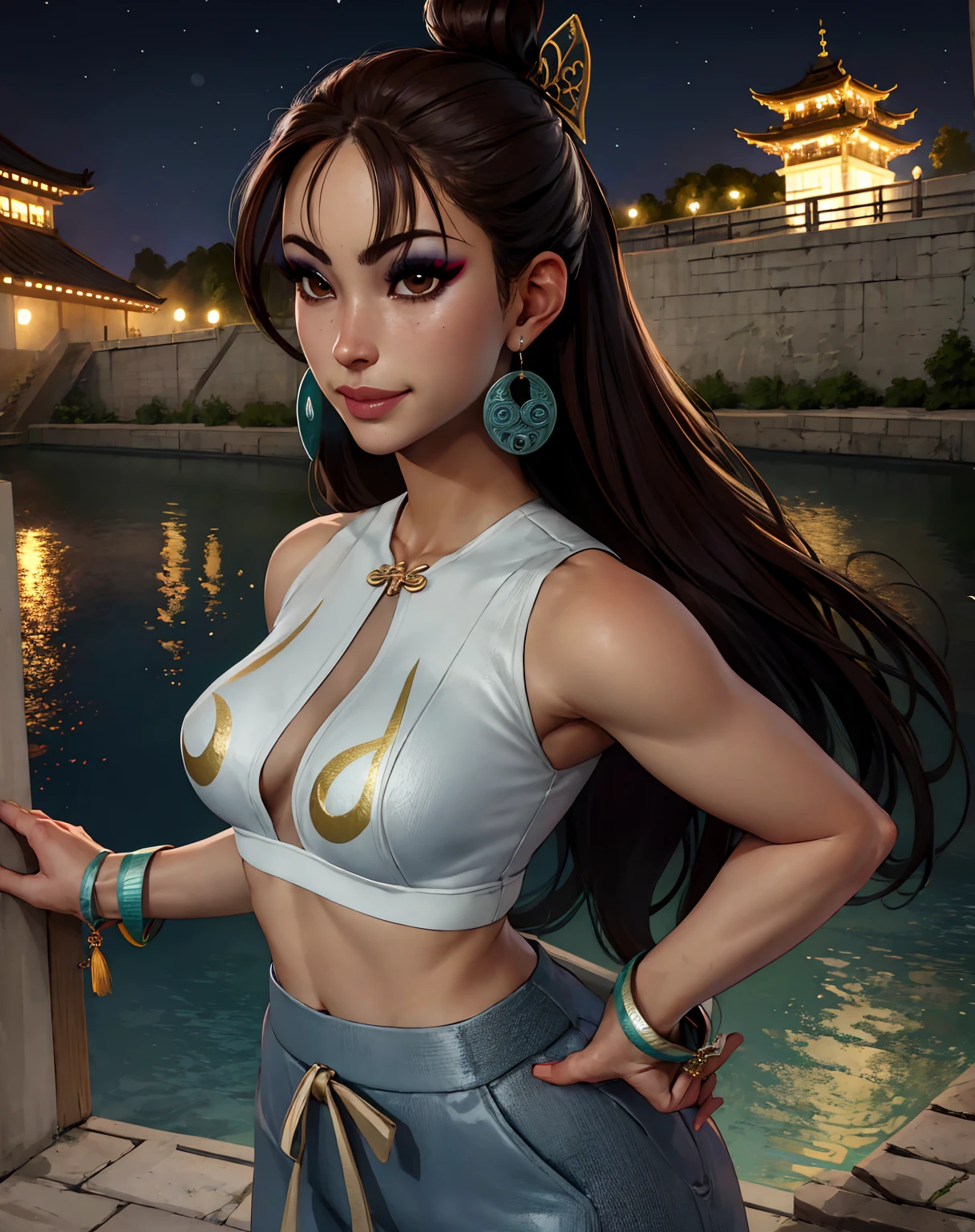 chun li,brown hair,brown eyes,long hair,hair bun,makeup,hair ornament,
jewelry,earrings,bracelet,midriff,white crop top,long vest,sleeveless,looking at viewer,smile,
standing,upper body,
morning,temple,lake,cityscape,
(insanely detailed, beautiful detailed face, masterpiece, best quality),solo,<lora:chunlieSF6S#:0.8>,