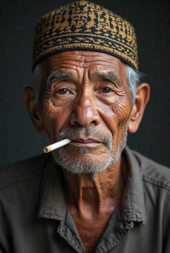 sektsa of an old Indonesian man aged 75 years, gray hair, tying a sarong around his head while smoking a cigarette