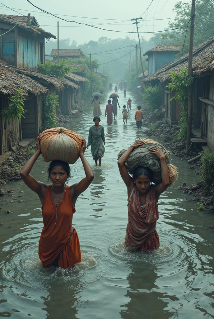 Bangladeshi people in the hard situations for flood they are swimming