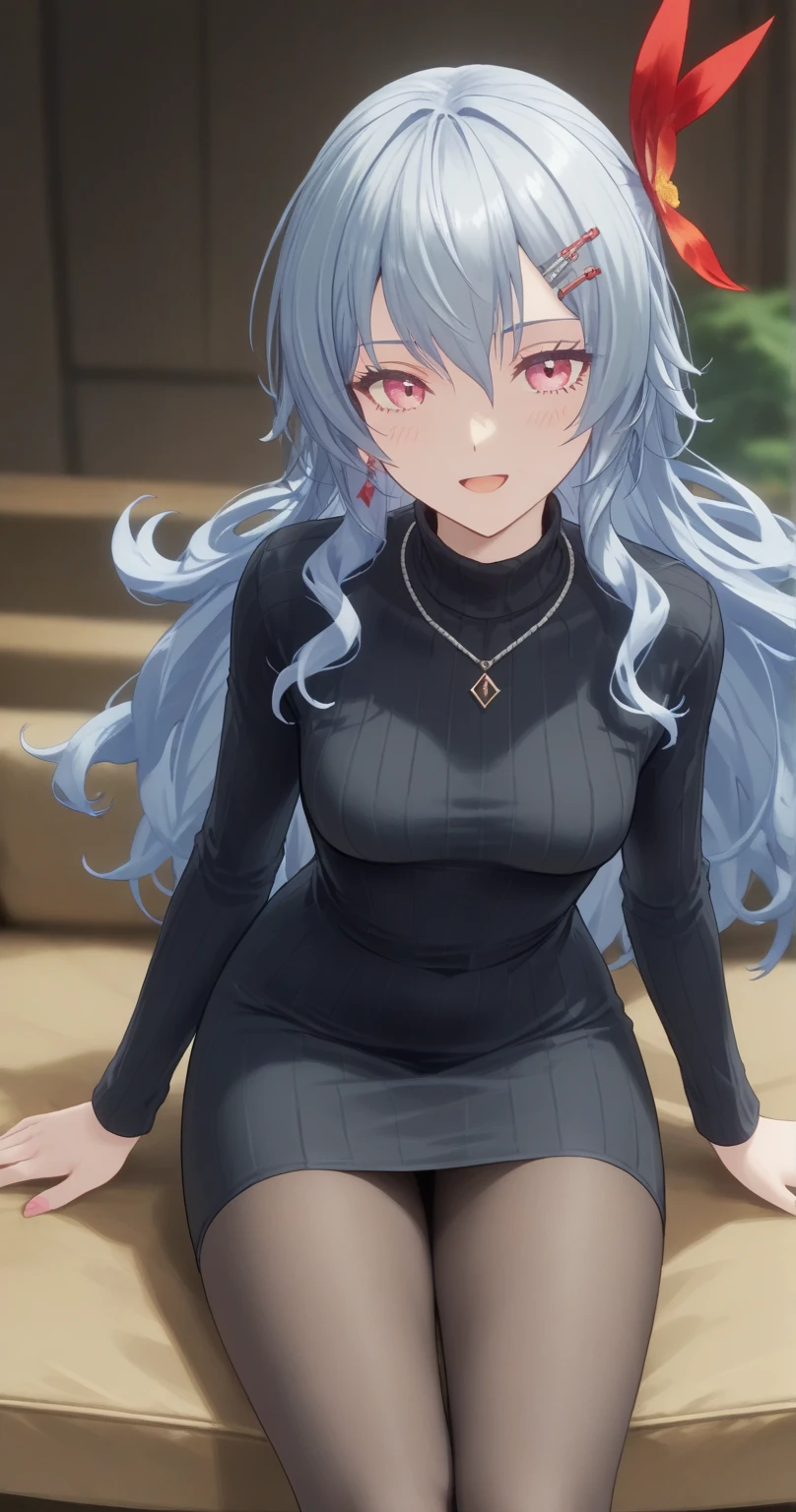 masterpiece, best quality, 1girl, tomoe gozen, torino style, glowing red eyes, smug smile, hair between eyes, silver long hair, oni horns, sweater, hands behind back, leaning forward
