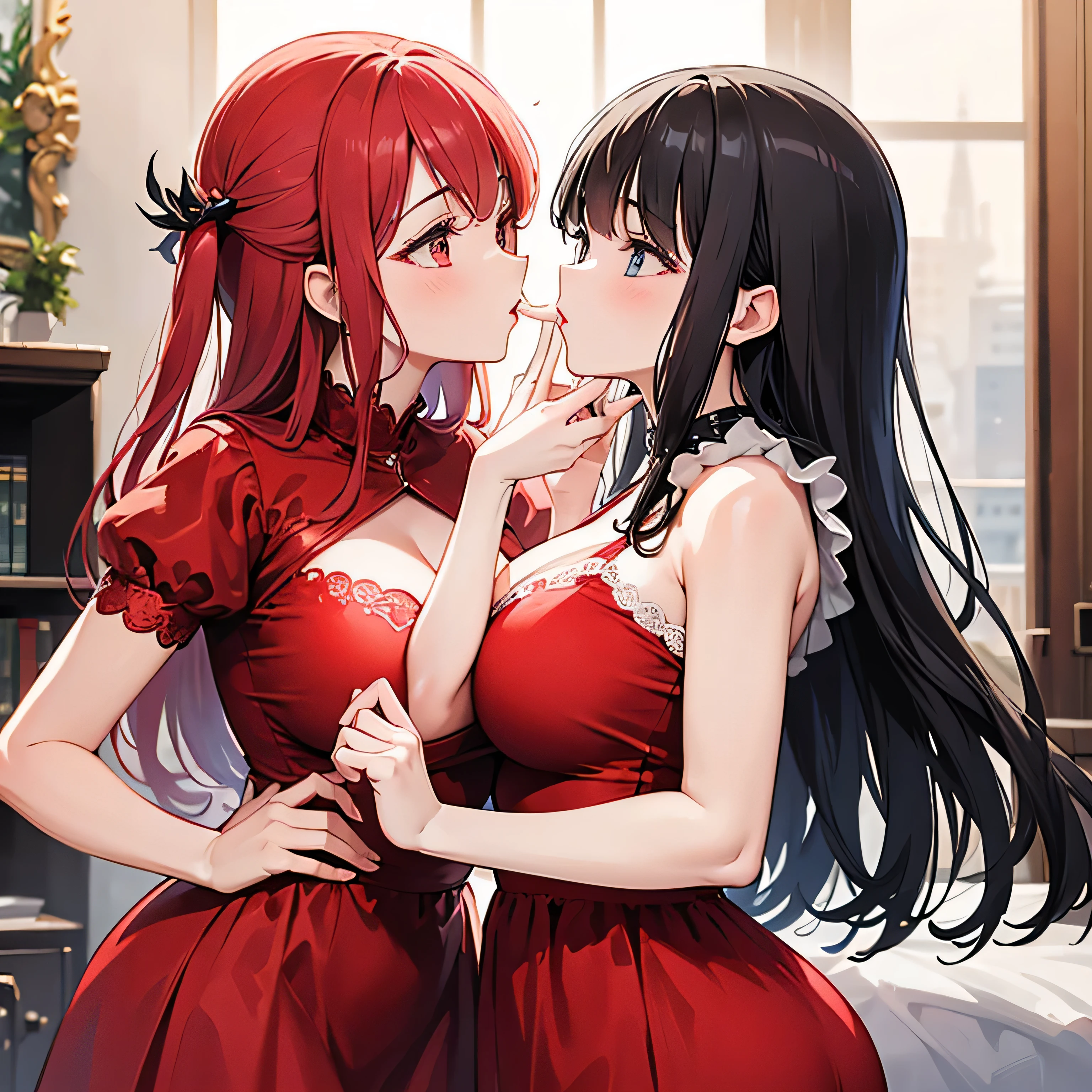 A red haired woman is kissing a black haired woman underneath a mistletoe at christmas party.