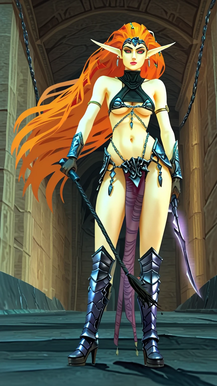  Score_9, ss-h5BSis, pointy ears, red sclera, green eyes, navel, lipstick, makeup, redhead, very long hair, big hair, earrings,1girl, big , turtleneck  top, midriff, sleeveless,  shoulders, underboob, armlet, gloves, purple pelvic curtain, thin armored boots, boots heels,armed with whip, sandstone dungeon with chains hanging from the ceiling, desert location