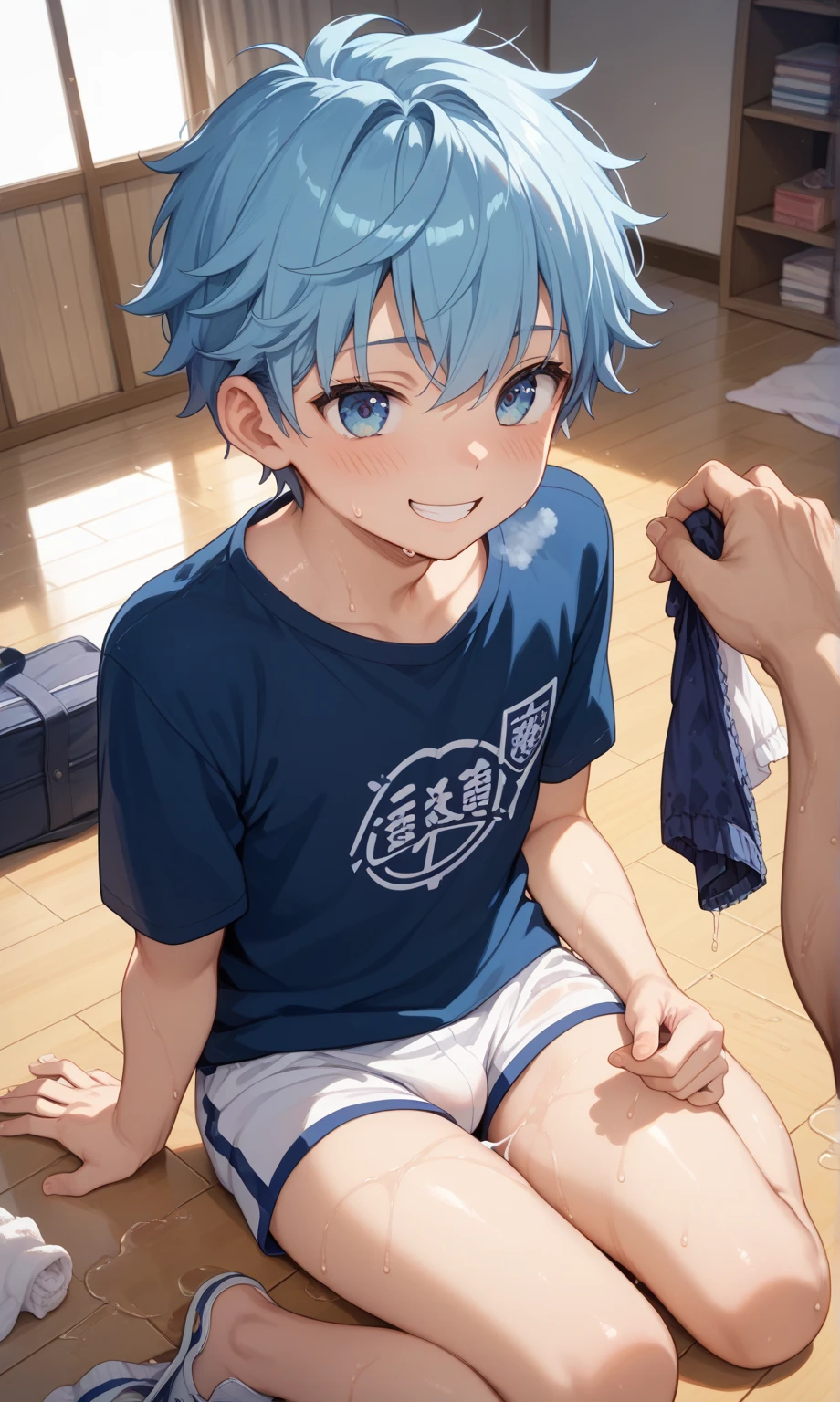 (score_9,score_8_up,score_7_up,score_6_up,score_5_up,score_4_up), 8k, best quality, best lighting, in pop anime style, 1 shota is 10 yo, ((slender body)), (twink), cute eyes, wearing boxers trunks type underwear, ((veiny arms)), ,((extremely super huge and thick and long and long and long penis shape bulge: 1.4)), ((extremely super big and heavy and huge testicles :1.4)), testicles stick out from underwear, wide shot,