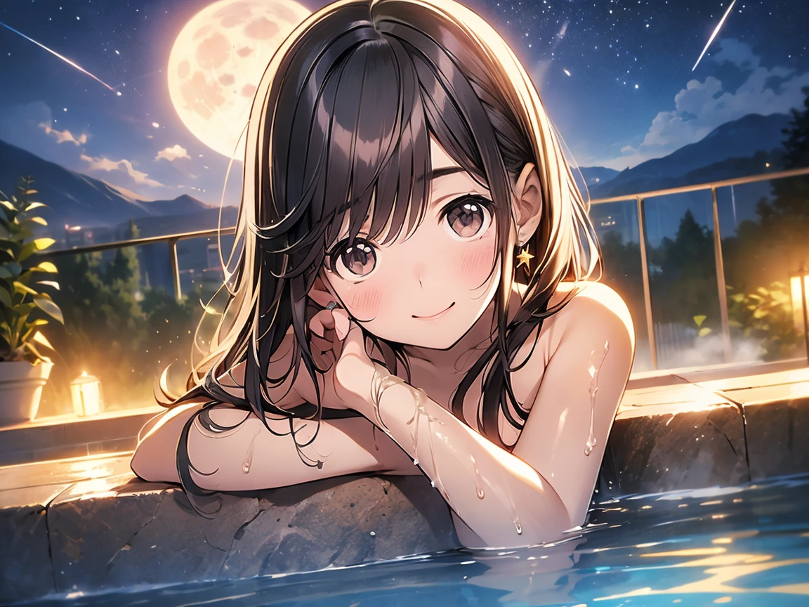 (8K、Raw photography、top-quality、​masterpiece:1.2)、Illustration Touch、ultra-detailliert、超A high resolution、1 girl in、Side view、dark brown  hair、azure eyes、outdoor bath、Rock bath、night landscape、milkyway、fullnude、((No clothes))、((((No underwear))))、(((no brassiere)))