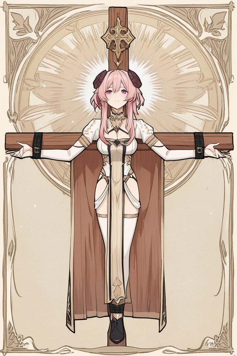 very delicate and beautiful girl,8k wallpaper,masterpiece,danntoudainoaura,white background,1 girl,alone,devil's horns,devil girl,belly button,long hair,medium breasts,original costume,elbow bag,cleavage,dress,(Thighhighs),belly button cutout,boots,choker,bare shoulders,(Sit in a respectable chair),looking at the viewer、Photo from below、((sit cross-legged))、((mini skirt))、(coat of arms below belly button)、king's chair