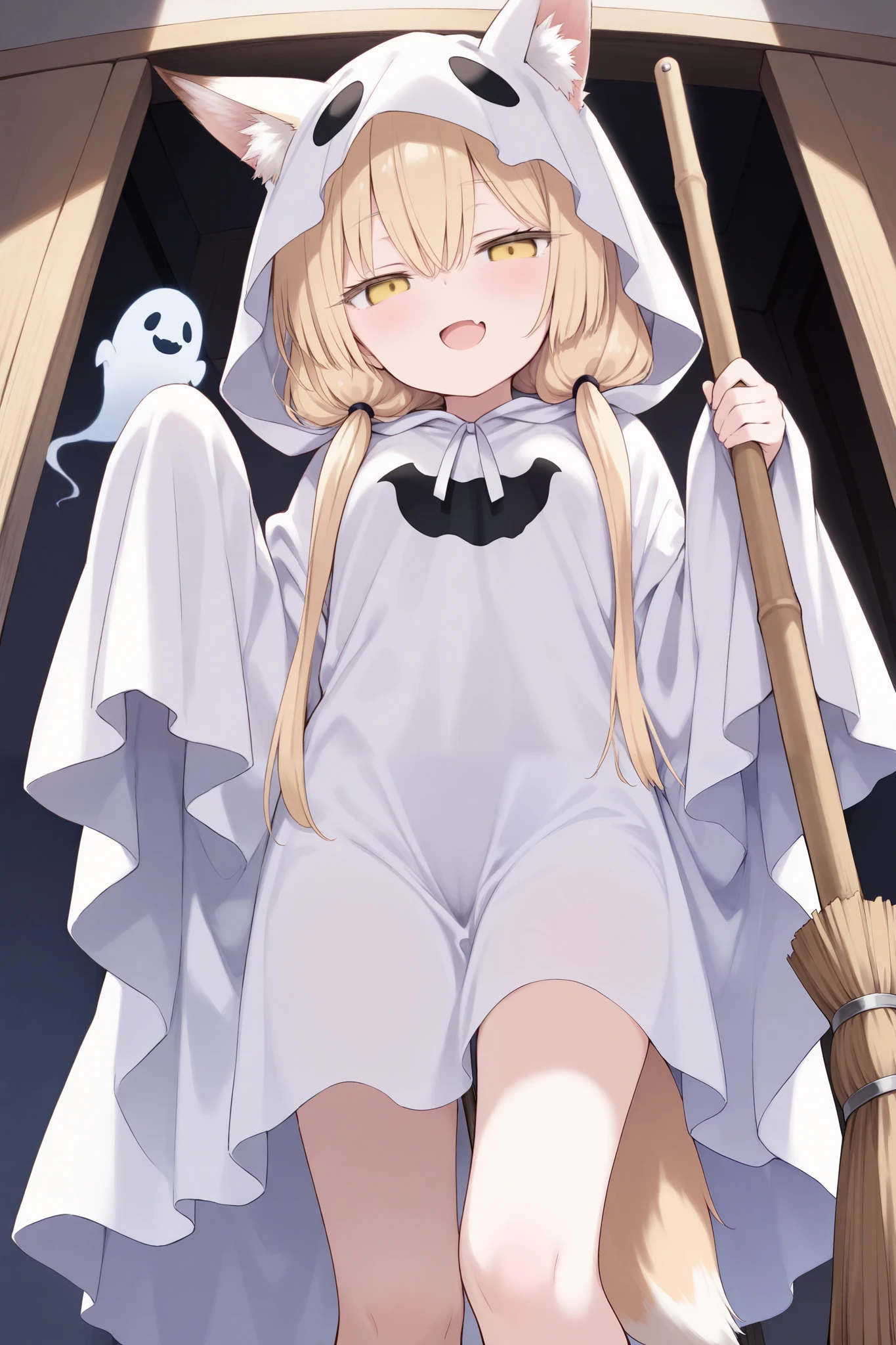 best quality, absurdres, 1girl, solo, long hair, witch hat, bandaid on knee, blonde hair, (white gloves:1.25), (lifted by self, clothes lift, dress lift:1.25), thighs, black dress, hairband, black cloak,  black thighhighs, black headwear, red eyes, simple background, cloak, white background, two-tone dress, vertical-striped dress, ribbon, short dress, blush, hat ribbon, vertical stripes, nobeta, (white bloomers:1.25)
