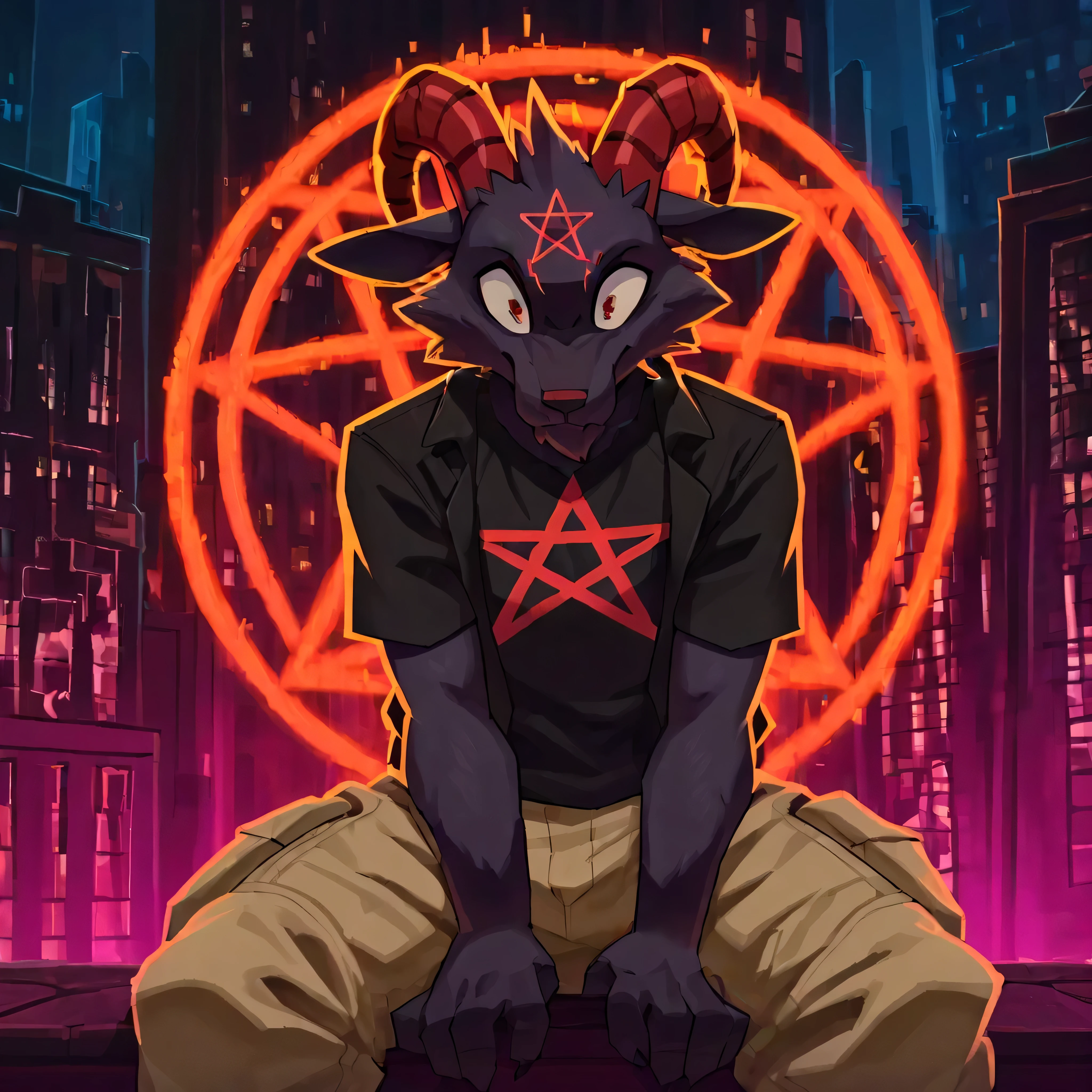 (by skweekers), solo, thin male, GrimV1, anthro, dark furs, red curved horn, red pentagram on forehead, long_snout, large pupil, detail eyes, glow-pentagram, sitting in top-building, (wearing tan cargo pants), (wearing a black t-shirt), wearing an open black jacket,