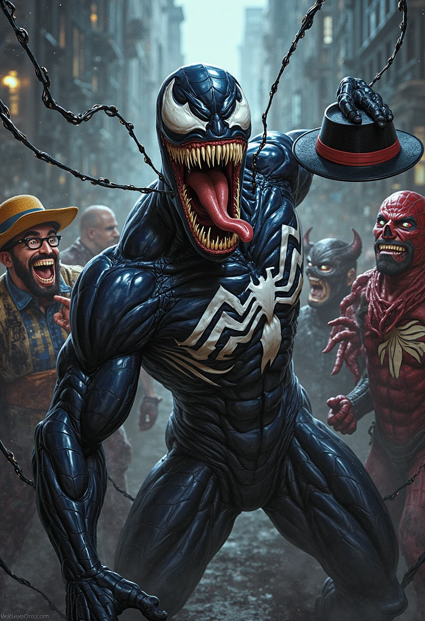 (joker) as (venom:1.2), mascular, official art, unity 8k wallpaper, ultra detailed, aesthetic, masterpiece, best quality, photorealistic, dark theme crazy smile, waist up