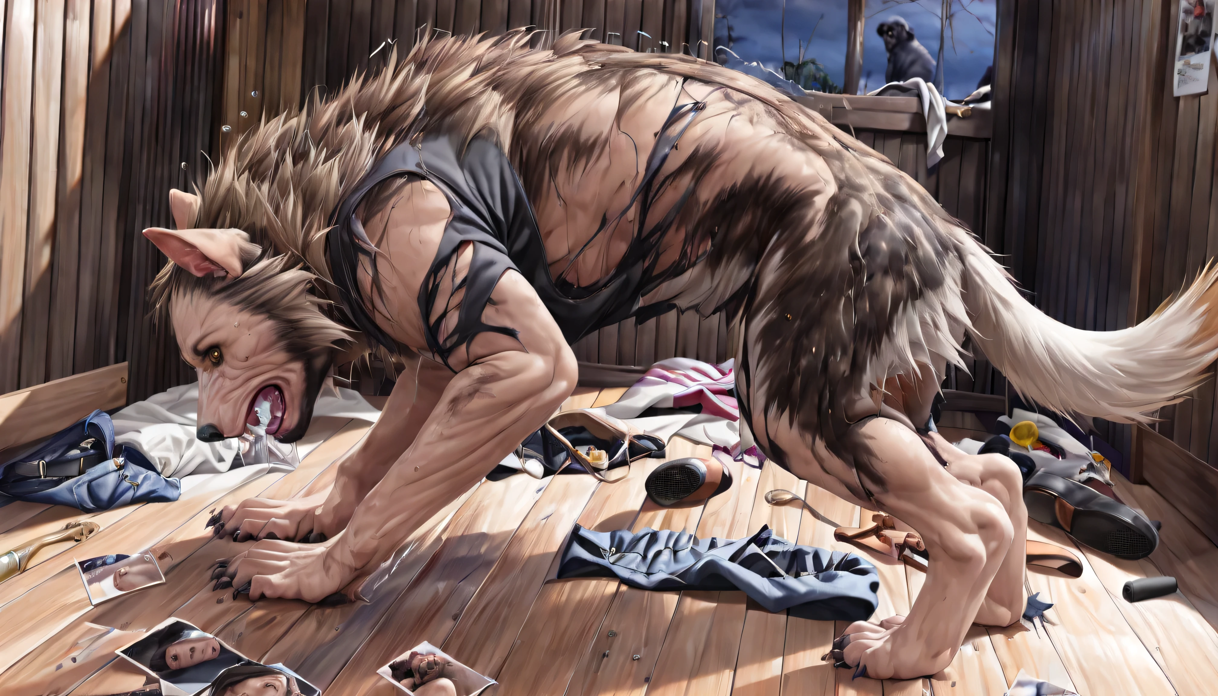 Backside, shot from back, black skin:1.4, human:0.8, Werewolf transformation, mid morfing, [werewolf: human:0.7], [arms: paws:0.6], [grey human skin: fur: 0.4], detailed fur, gradual fur, spread, shaking:1.1, crying, sweating, in pain:0.8, scared:0.8, shaking, confused:0.8, torn clothes:1.1, thick fingers through, torn socks, deep night, ((darkness, dramatic moonlight, night)), abandoned cabin, scraps around, clothes scraps,((Ultra-detailed, Realistic, Photorealistic, photo-realistic:1.37), 4k, 8k, RAW, HDR, UHD, Canon EOS P3, Canon EOS R3, 85mm f/1.4, 15mm, 35mm, 80mm, f2.8, high resolution, hd, full colour, 4k, high definition, 3 point lighting, sharp focus, smooth, Professional, cinematic, extreme detail, (high detail:1.4) description, masterpiece, deep shades:1.2, best quality,))