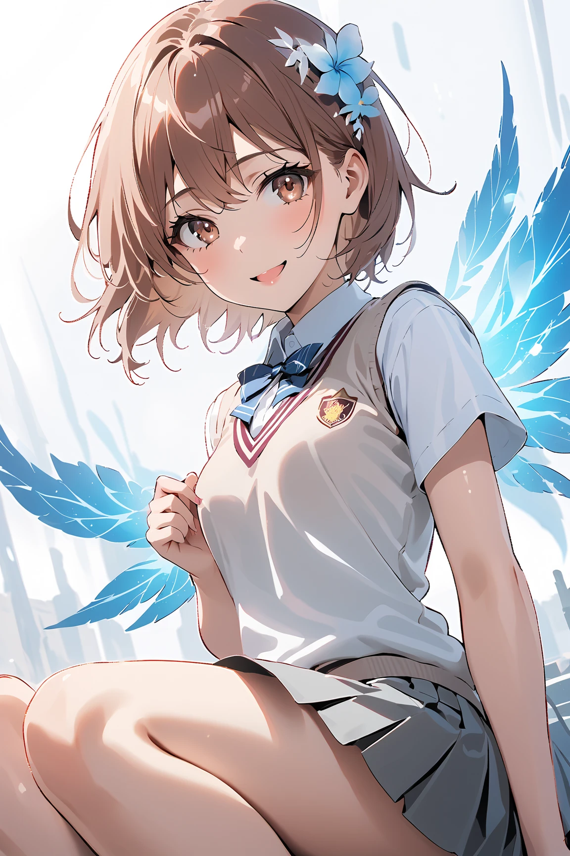 amazing, 8k, Cinema Lighting, pastel colour(In a squatting position)、(The whole body is visible:2.0), Blushed cheeks,,Slender thighs when viewed from the front,Diagonally below,looking at the camera、((Perfect Anatomy,Nice hands,Perfect hands,Five fingers connected to the palm,Accurate needles without discomfort)), ((Tabletop, highest quality, High resolution, Perfect Pixel, 4k, ))), 1 girl, single, alone, beautiful、((Wavy short hair, bangs, Brown Hair)), ((Brown eyes, Beautiful eyelashes, Realistic eyes)), ((Detailed face)), ((Smooth texture:0.75, Realistic texture:0.65, Realistic:1.1, Anime CG Style)), Dynamic Angle, Perfect body, ((White shirt, Black Skirt, Unbuttoned shirt、Checkered Skirt、White socks)), Suite Room、(Lift up your skirt with your right hand、Spread your legs、Open your knees wide、Light blue floral pattern)、、Angle from below、(Front view:1.5)、(symmetry:2.0)、1 person