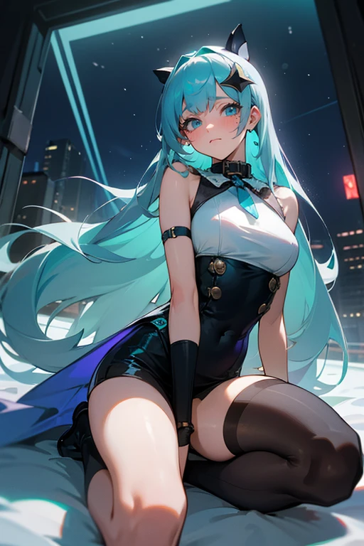high quality,best quality,masterpiece,4k,8k,(((black bunny girl costume girl))),black bunnygirl suit,high leg costume,groin covered with black pantyhose,show off groin covered with black pantyhose,costume with white collar,eighteen years old girl,great figure,large breasts,blight pink bowtie,looking at viewer,light blue hair,pale pink inner hair color,length to shoulder twin tail hairstyle,black bunny ear headband,((all legs coverd with black pantyhose)),blush,(inside casino background),some chandelier,red carpet,yellow expensive wall,green table framed by brown wood,lean against table