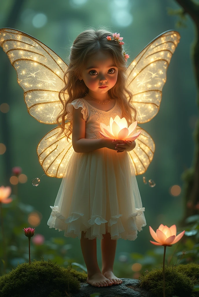 (photo of a child), slightly chubny 7 year old girl and semi wavy long black hair  color photo of mysterious child flower fairy, child with transparent colorful wings, sitting in divine light, soft feather skirt, neon light, holding magic wand, axial symmetry, magnificent background. rose gold gown flower crown, starry sky background, Nikon Z7 II camera, Fuji Velvia 50 film, 50mm lens, high saturation, ((close-up))