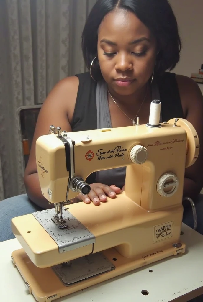 Plano de fundo, dia nascendo, sol amarelo com tons de laranja, sewing machine, tecidos, tesouras e alfinetes sobre a mesa, como se fosse um retrato hiper-realista.