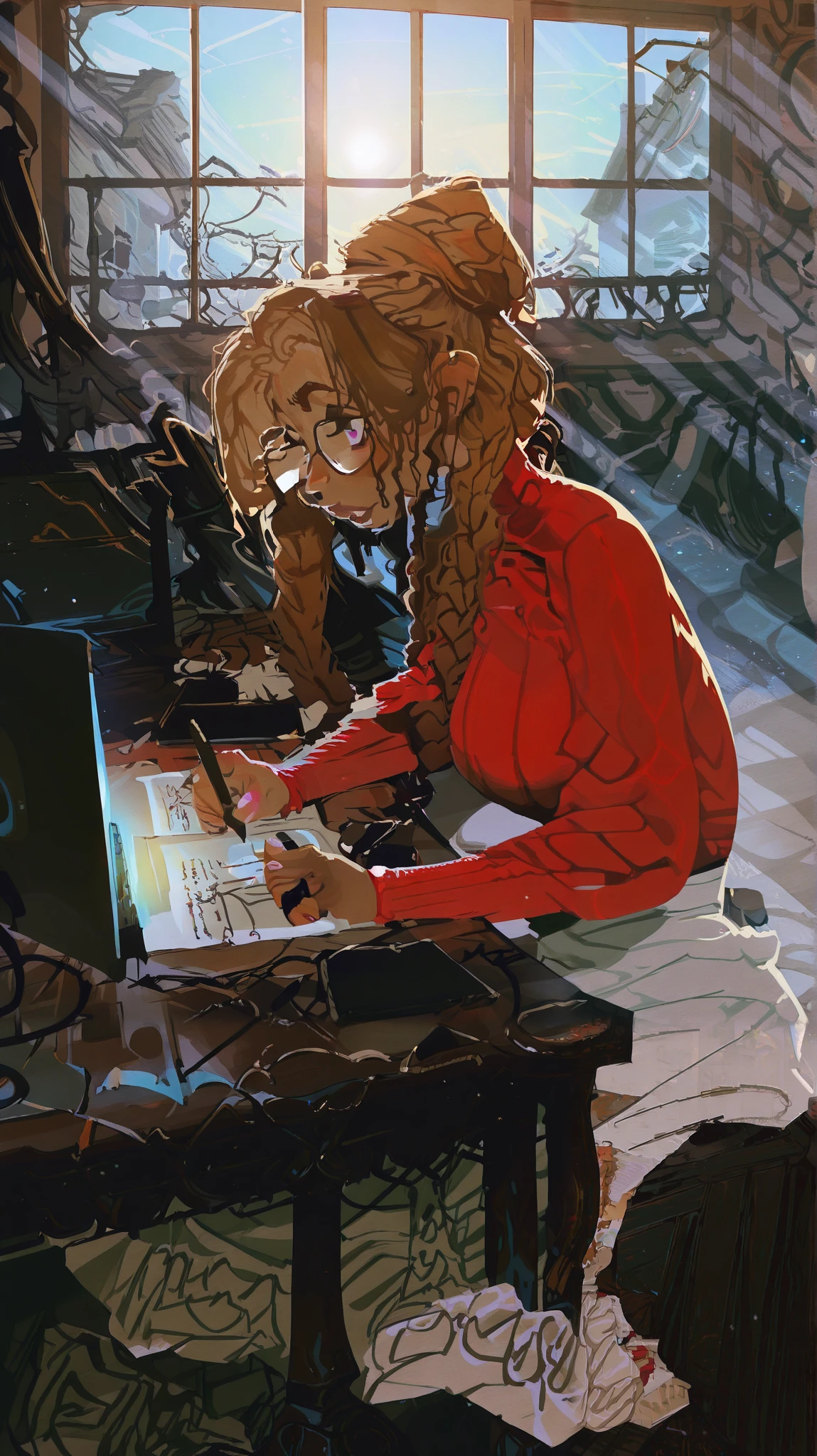 Small home office background, western home background, backlit by window, sunny day, 1woman, 25 years old, sitting at desk, braided hair, brown hair, author, leaning against desk, writing, downturned eyes, masterpiece, painterly, dark skin, brown skin, wearing knitted red sweater, messy desk, 1 laptop on desk, crumpled papers on desk