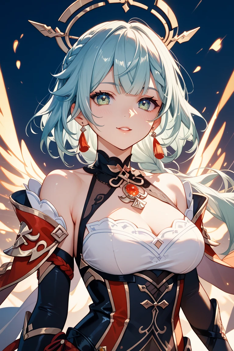 (master piece, Best Quality), Intricate details, valkyrie, kawaii, (((Cheerful smile))), Laugh, Looking at Viewer, Feather Headgear, Night, (((In the black room))), Sitting, Hand up, 15yo student,
1girl in, Solo, Realistic, ultra-detailliert, (Shiny skin:1.4), Absurd, slender, Dynamic lighting, High resolution, Sharp Focus, depth of fields, Detailed eyes, Sharp pupils, Realistic pupils, (Small breasts:1.6), (thick thighs:1.0),
Portrait, swept bangs, short hair with black curly hair, Ice blue drooping eyes, crimson thighs, Deep Red Detached Single Sleeve, Robot joints, Crimson Grove, Crimson bodysuit, Crimson reinforced suit, Crow feathers cute, pantyhose, Crimson Full Armor, flower decoration,