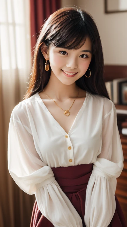 8K RAW Photos, Highest quality, masterpiece, Ultra-high resolution, 3d, Realistic, One girl, Asian, black_hair, White Dress, length_hair, nose, , neckerchief, Natural skin texture, light brown_eye, detailed eyes and face, lips, lipstick, smile, Perfect legs, Beautiful Church, (Detailed Background), White Dress, Blurred Background, Short sleeve、Full body photo