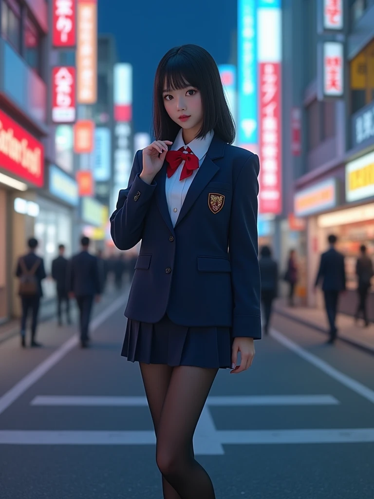 ((masterpiece,Highest quality:1.3,best quality illustration)),realistic,cowboy shot,1woman、独奏,16-year-old Japan beauty,((very small head)),short bob hair,blunt bangs,black hair,black eyes,gorgeous eyes,shy,medium breasts,((very long body)),(School uniform,Navy blue blazer、Red tie、White Shirt、Navy blue pleated mini skirt),(toned body,slender body,skinny),gleaming skin,shiny skin,oily skin,standing,Shibuya Station、Tokyo