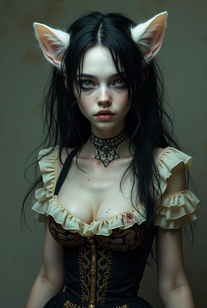  ((best quality)), ((masterpiece)), (detailed), perfect face (((masutepiece, of the highest quality, super detailed))), hand drawn style, hand painted style, watercolour, sketch, a knight, white background, plain background, Bloodborne inspired, tatty Bloodborne attire, occult aesthetic, occult, tatty red and white clothing detailed and intricate steampunk and detailed gothic lolita (with a hood), long coat, Complex laced boots, Fluttering lace flared long knee length dress with frilly petticoats, long dress, knee length dress, pleated petticoats, lolita dress, petticoats gothic lolita aesthetic, beautiful small breasts, (((flat chest:1.1))), (((( Highly detailed face))), small thin nose, Small thin lips mouth, (((Very sharp focused eyes))), Very large slit precision pale grey eyes that shine like jewels. (looking here), (resolved expression), (resolute expression), ((dark hair)), ((long ponytail, thick ponytail, heavy ponytail)), very long eyelashes, white background, Very dramatic and cinematic lighting, tatty damaged old red and white clothing, full body, whole body, body, ((NSFW)) 