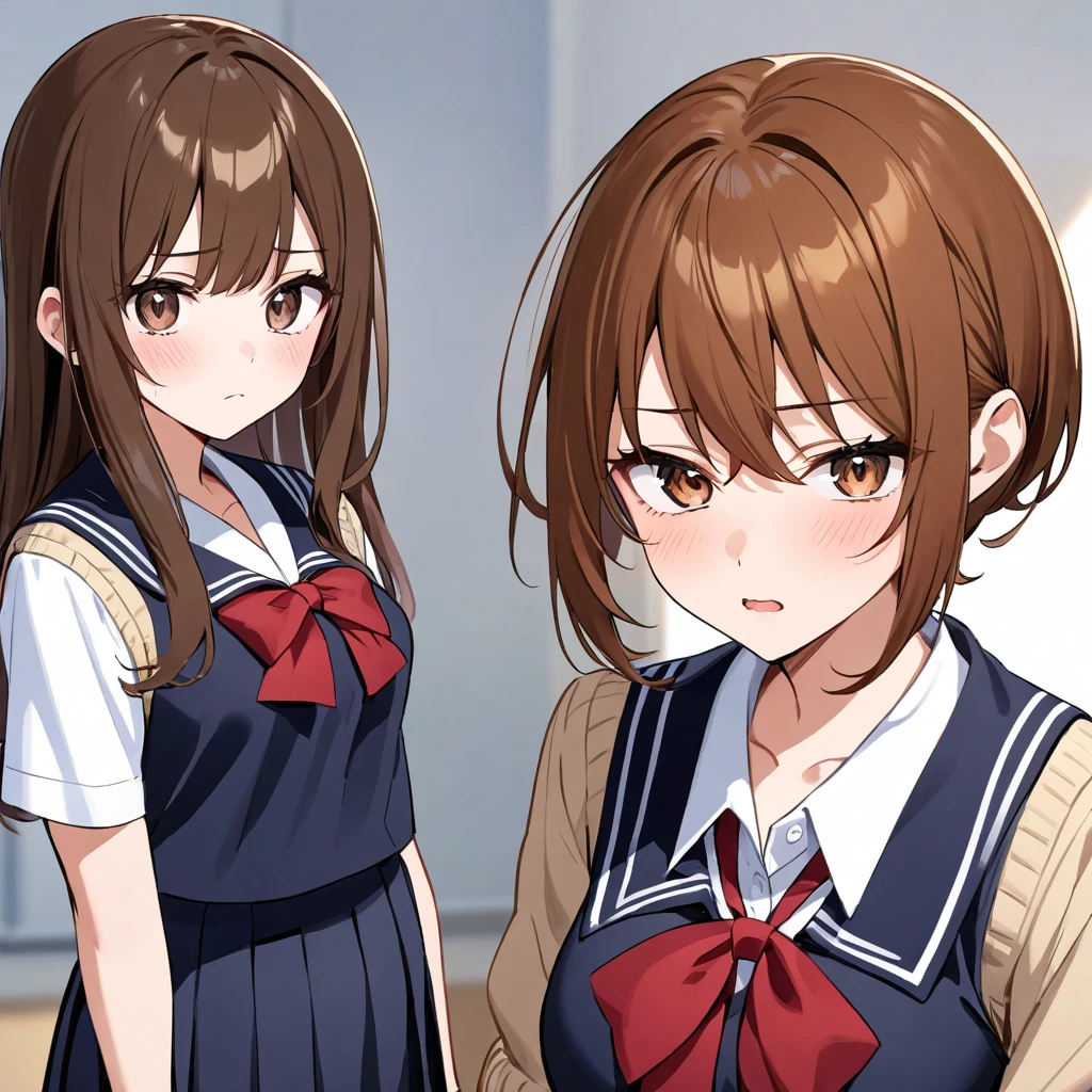 with an anime-style taste、A girl with short brown hair wearing a high school uniform、I'm jealous while looking at me with a dull face