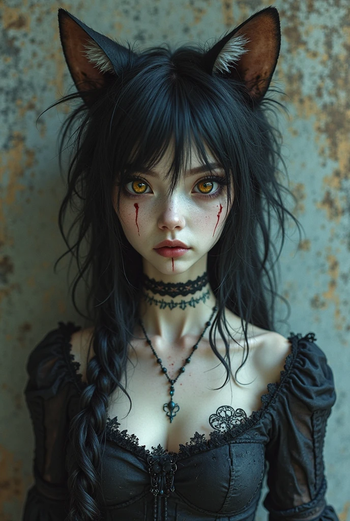 i want to see a gothic japanese woman with cat ears and a name tag written Ktty Katt