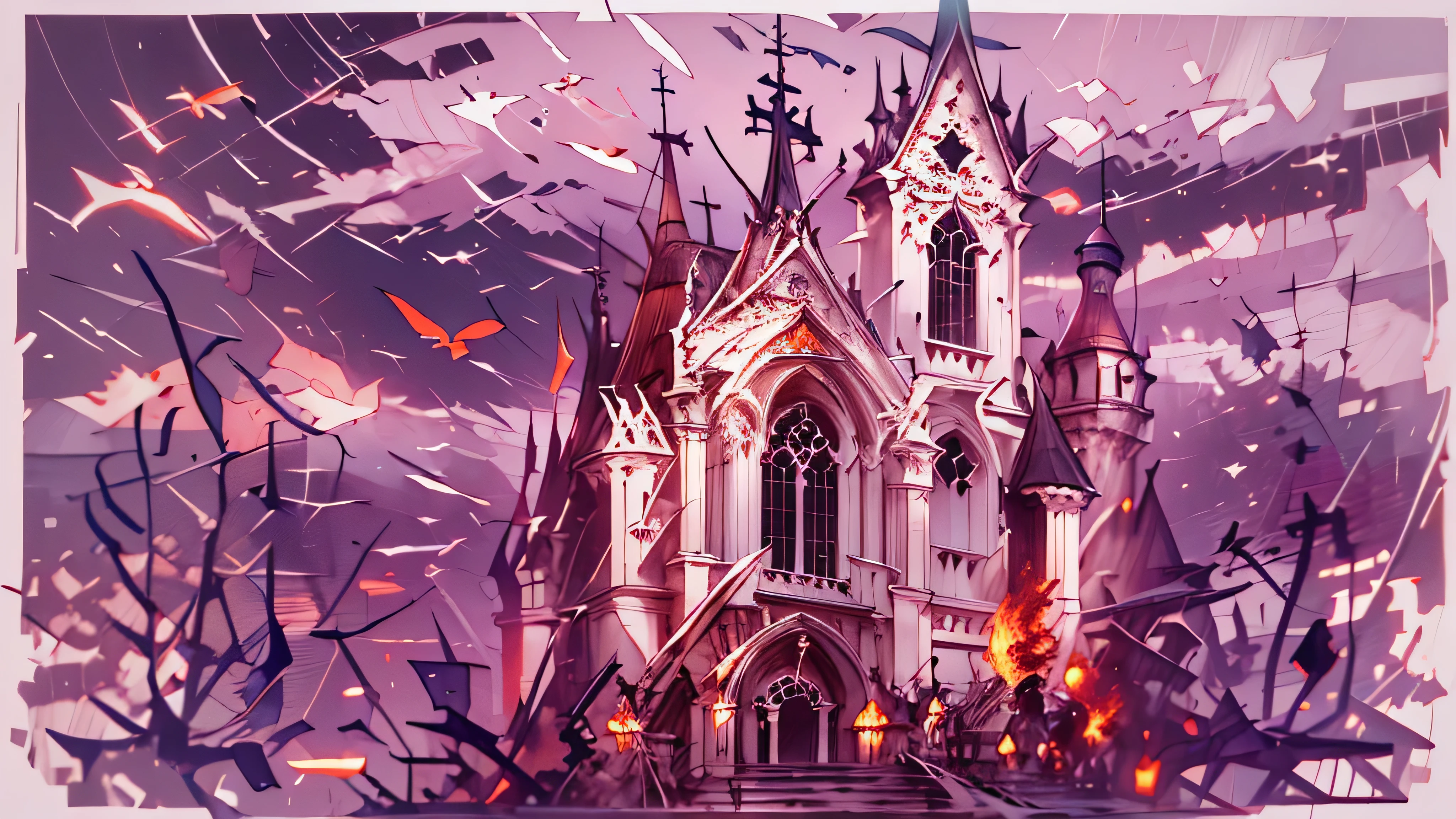 the Rotten Church is on Bloody Red fire. The sky is nightly dark. The fire is bloody red. Chromatic abberation