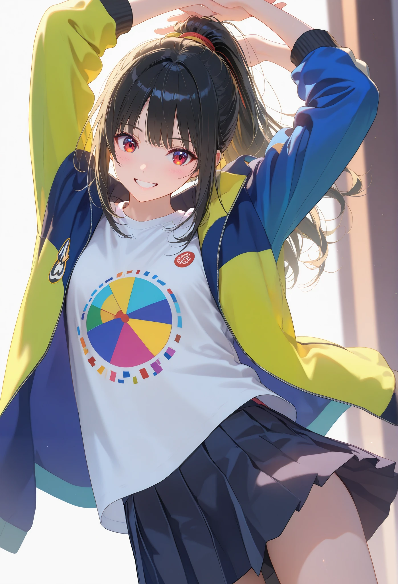sexy posing,A cheerful young Japanese girl with long black hair tied in a ponytail, smiling brightly, wearing a dark green and pink zip-up sports jacket with a small white logo on the chest, a white pleated mini skirt, and a white t-shirt underneath, standing with hands down, against a plain white background, vibrant colors, soft lighting, casual and cute aesthetic, sporty yet feminine style, highly detailed, 4K resolution