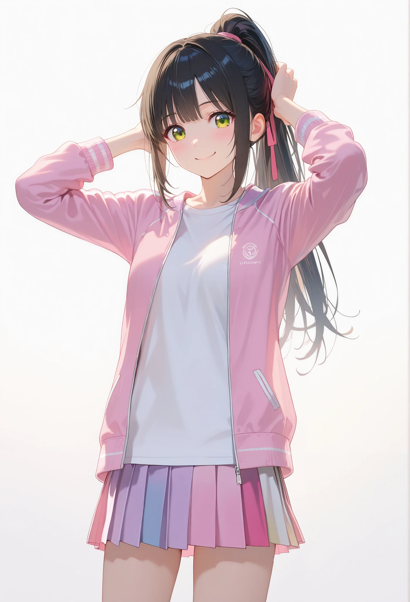 sexy posing,A cheerful young Japanese girl with long black hair tied in a ponytail, smiling brightly, wearing a dark green and pink zip-up sports jacket with a small white logo on the chest, a white pleated mini skirt, and a white t-shirt underneath, standing with hands down, against a plain white background, vibrant colors, soft lighting, casual and cute aesthetic, sporty yet feminine style, highly detailed, 4K resolution