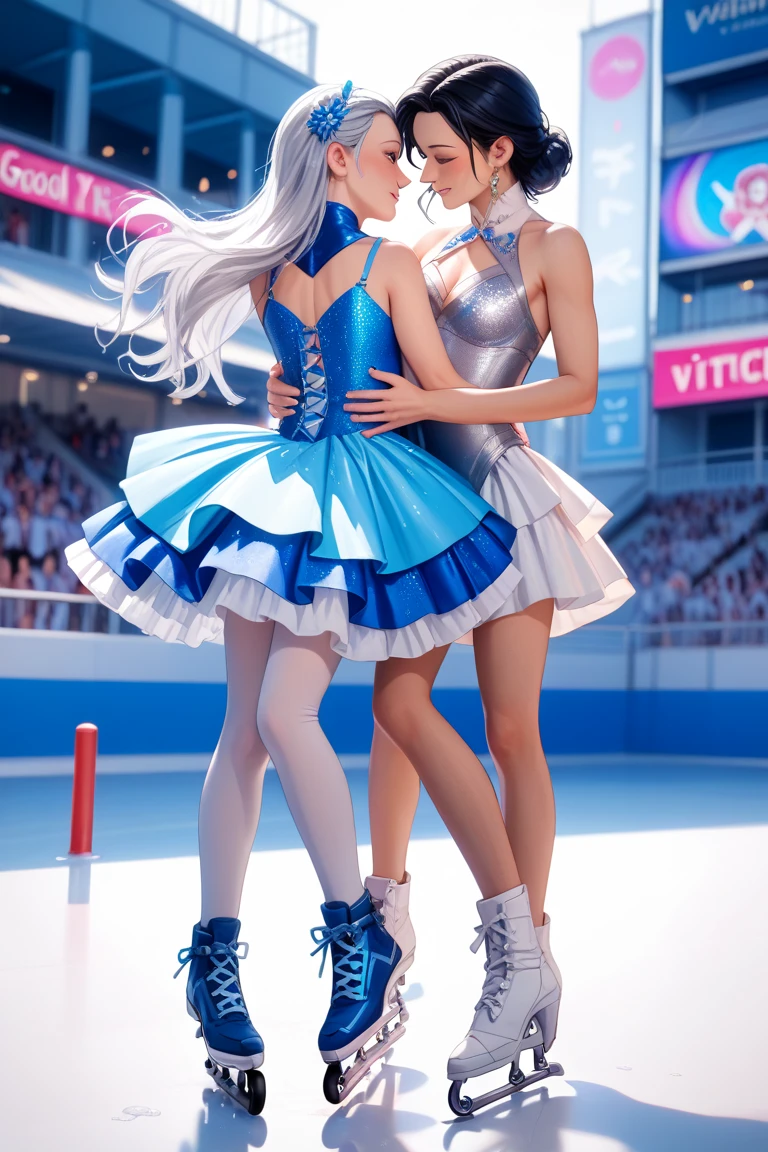 (best quality, high quality, masterpiece, detailed, high resolution, 8k), (Super beautiful), (beautiful face:1.5), (A detailed face:1.5), (A detailed eye:1.1), (Detailed lips:1.1), (Detailed nose:1.1), (Beautiful Russians), (a blond), (sparkling blue eyes), (princess), blush, happy, kiss, (gigantic breasts:1.2), wet skin, shiny skin, (Doing figure skating), (anatomically correct movements:1.1), (White costume:1.3), (tattoo under skirt:1.3), lace panties, jewelry, (skating rink with spectators)