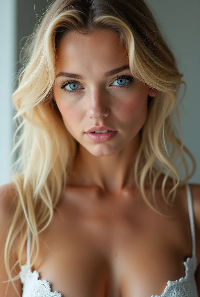 ;une femme aux cheveux longs blond et un pull rouge, Beau visage latin, beau visage attrayant, joli visage féminin, visage et yeux parfaits, visage extrêmement beau, Beaux yeux et visage, beau visage féminin, yeux verts clairs, , yeux et visage séduisants, yeux vert clair, beaux yeux verts, cheveux blond, platinum cheveux blond, porte des vêtements de sport, Serré au corps, photo du corps entier. Allongée sur son lit. Sexy.