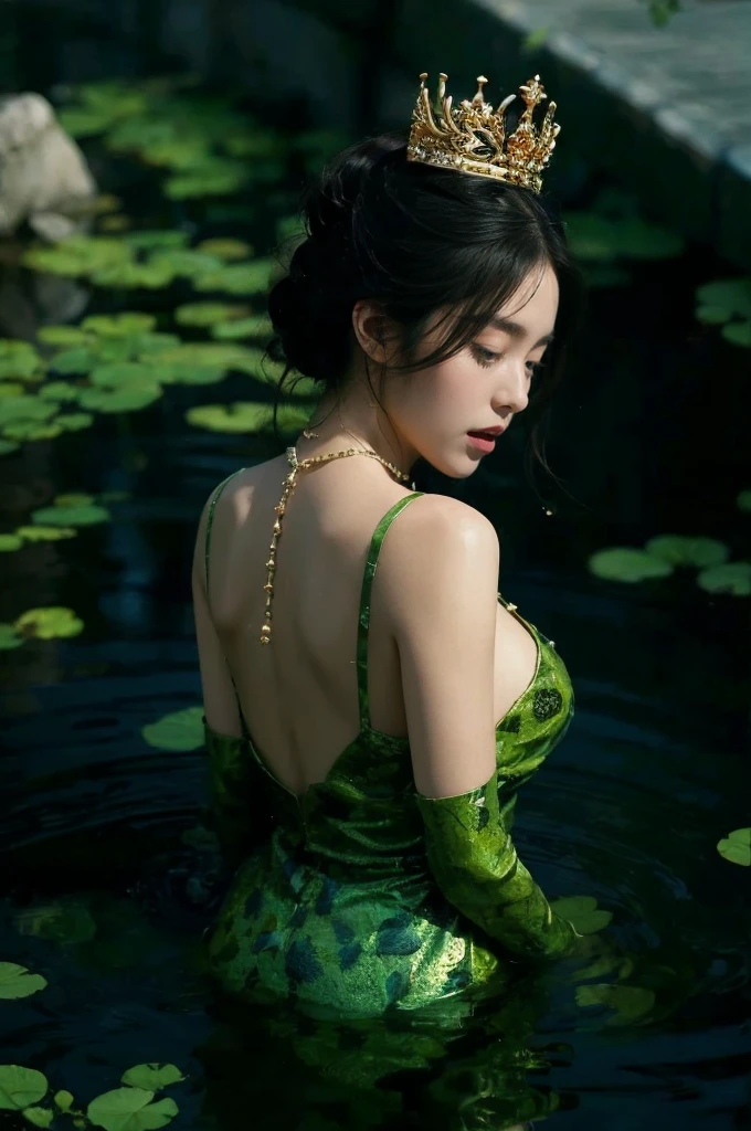a woman in green dress is in the water by the edge, in the style of chinese cultural themes, soft, romantic scenes, delicate flora depictions, associated press photo, airbrush art, dark orange and light azure, canon af35m