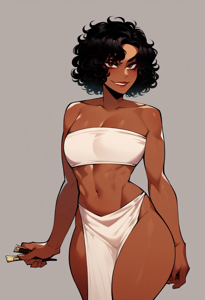 Prompt: ,score_9, score_8_up, score_7_up, score_6_up, score_5_up, score_4_up, BREAK, source_anime,1girl,solo,Isabela madrigal, more under eye, dark skinned female, black hair,, wide hips,, pussy, simple background, looking at viewer, haughty, confident, smug, , virgin killer sweater, slutty, pussy, , wide hips, breasts, minidress, turtleneck, sweaterdress, , cleavage, center cutout navel, exposed breasts, , leaning forward, smile, seductive, exposed breasts, simple background, upper body focus, nude, , sleeveless dress, bare legs, , strapless dress, jewelry, arm band,