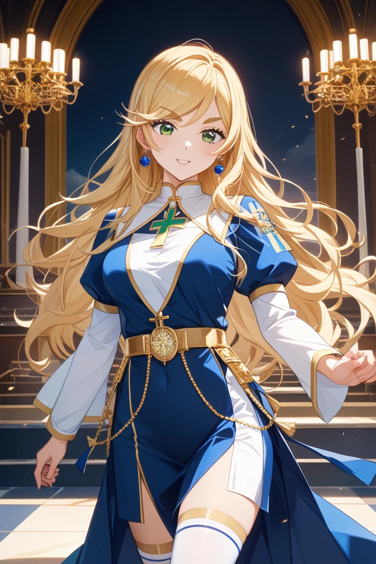 1woman,Walking in the castle, wearing a kimono, cleavage visible, stunning,Beautiful eyes, very detailed face,cute,HD face, perfect face,Very big breasts,Blonde hair,long hair,curly hair,bangs,blue eyes,ultra detail,ultra Hd, masterpiece,4k