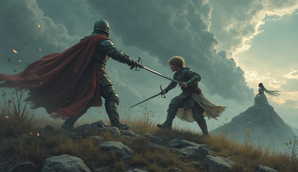 Two boys facing each other, one with a lightning sword and the other with an ice sword, they are both 12 years old in a medieval time without armor in a world where magic exists, they are rivals and are fighting in a forest setting where the surroundings are full. of ice and lightning they are not little children
