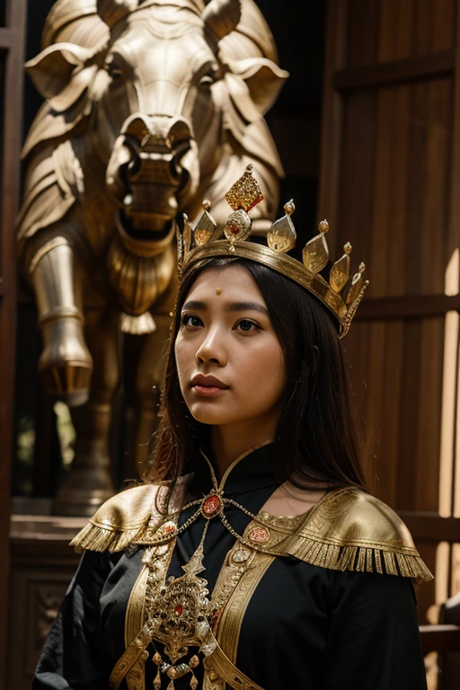 1 malay girl, modern plain hijab, shy, big breast, medium portrait, watery eyes, Best quality, masterpiece, detail, intricate detail, realistic cinematic lighting, (fantasy art: 1.6), (seiza: 1.1), (front: 1.2), upright, royal, majestic, queen, (huge and golden throne: 1.4), crown, close-up front, solemn, throne, upright posture, seriousness, dignity, gaze ahead, contemplation, jewelry, solo, divine ray, 1 woman, gold and red dress, golden palace,