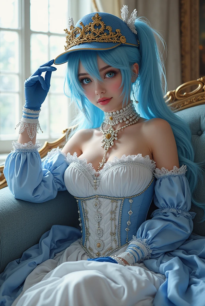 highly detailed, 8k, masterpiece, 1girl, Blue frilled_hair_tubes, dress, bend_over , smirk, (perfect_face), sitting, desk, ornate, intricate, dramatic lighting, 4k, detailed_background, caustics, full_body, (hyperrealistic:1.3), bloom,(beautiful lighting:1.3), caustics, dynamic lighting, beautiful lighting,  