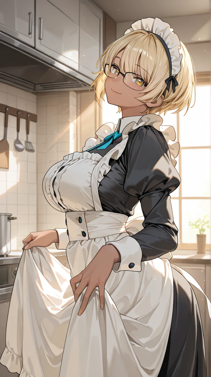 (dynamic angle:1.3, front view:0.9, breast focus:1.3, from below:1.2), (dynamic posing:1.5, sexy posing:1.3, leaning forward), (seductive smiling:1.3),masterpiece, 1girl, pointed chest:1.3,(double breasted:1.2,under bust:1.2), Amazing Cleavage:1.3, thin waist, big ass, Raised sexy, small breast: 1.6, posed cleavage:1.2、solo, looking at viewer, open mouth, silver bronde hair, blue eyes, bare shoulders, collarbone, sidelocks, hairband, sapphire earrings, indoors, red off shoulder sweater dress, arms behind back, short hair with long locks, blue gold hairband, big side hair, very long side hair is rendered in (masterpiece: 1.2, best quality), with (ultra high resolution) and an exquisite (depth of field). This masterpiece is not only visually stunning but also tells,A scene of cooking in the kitchen