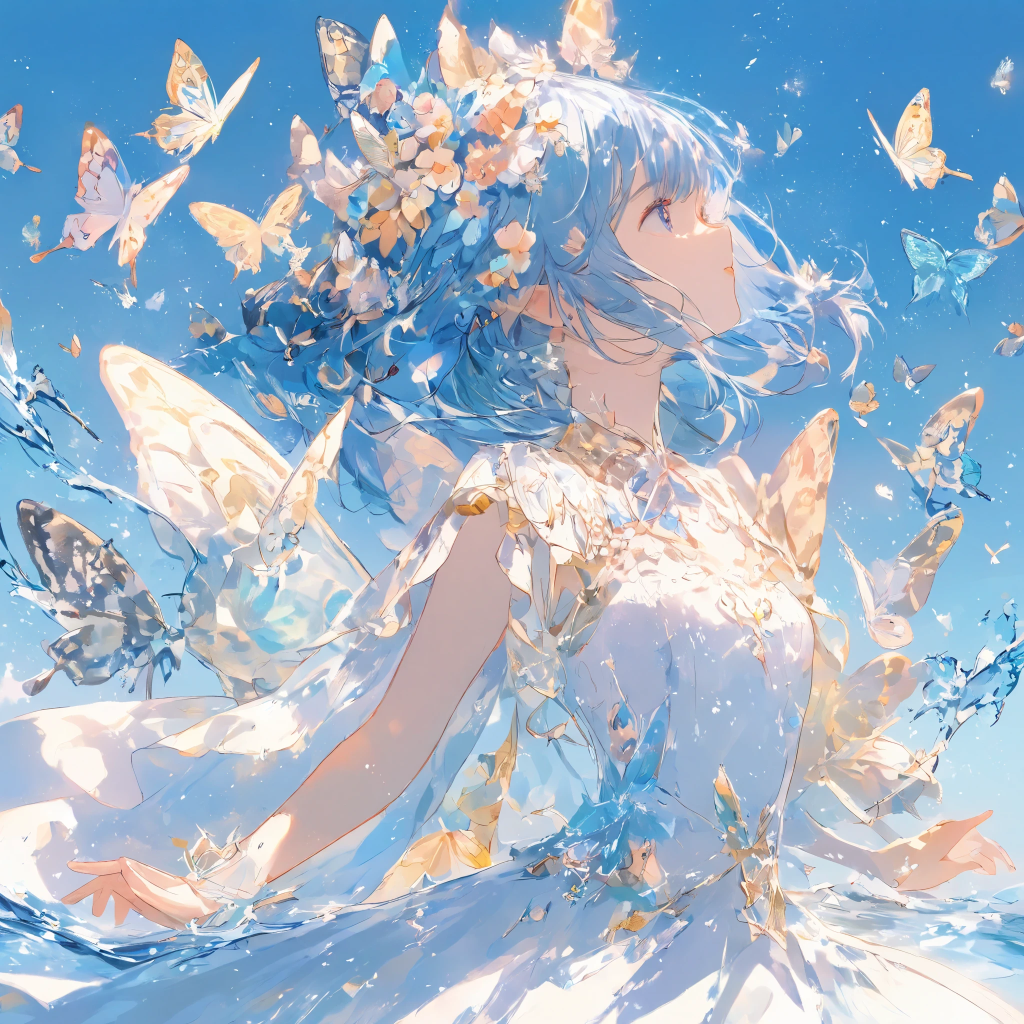 high quality, one girl,blue hair,butterfly wings on the back,white dress blue sky background,余白に Lots of Butterflies,Figure dancing on the surface of the water,ephemeral, fantasy, Fantasy landscape, Lots of Butterflies,simple background, Flower crown,glitter effect,illustration,