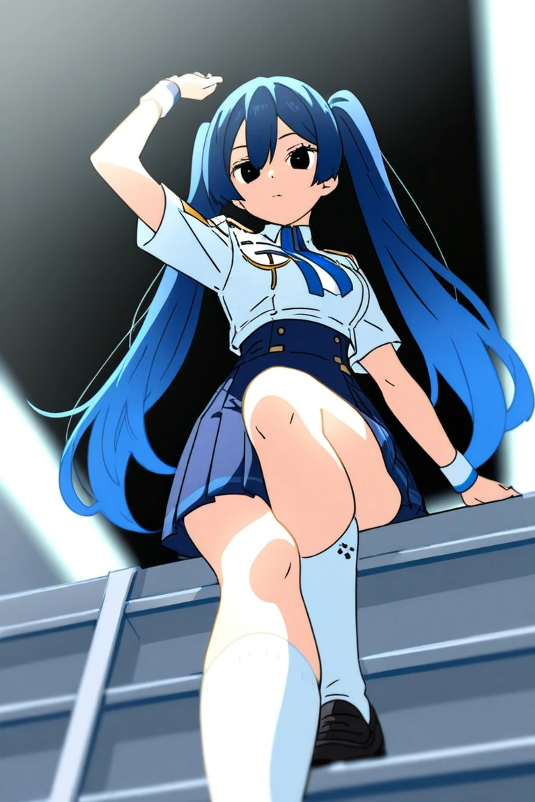 1girl ,solo, fumino furuhashi, ((Best quality)), (ultra detailed), anime style, looking at viewer, bed, cute girl, bed, long hair, blue hair, yellow eyes, blue cardigan, ((light blue cardigan :1.4)), ((beige pleated skirt:1.3)), ((beige skirt)), miniskirt, ((red ribbon)), white headband, ((black knee-high stockings:1.3)), white shoes, breasts small, medium waist, wide hips, wide thighs, seductive, embarrassed, blushing, (lift shirt, bare abdomen, bare navel), dynamic posture, full body, smile, mouth closed, standing, looking back, from behind, ( focus on ass), pov ((from below), good lighting, japanese school interior, library, perfect anatomy, perfect hand