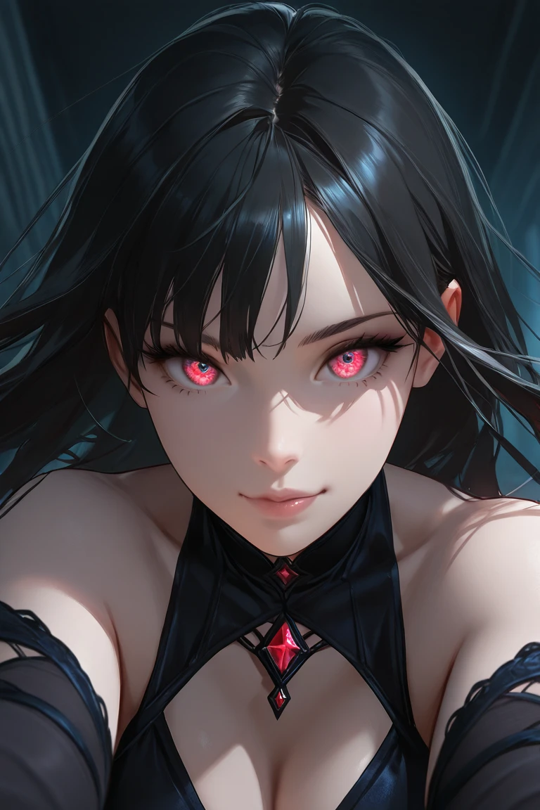 Award-winning Portrait: A striking image of a young girl fusioned with the grim reaper, sporting a mysterious smile and fangs dripping with blood. The noir background adds an enigmatic allure to the scene, as the camera captures a random angle of her perfectly red eyes reflecting an ethereal glow. Her short, curly black hair frame her face, making every detail from her anatomically correct five fingers to the intricacies of her expressive eyes stand out in the high-resolution, surreal, and vividly colorful image. This masterpiece is sure to leave a lasting impression. (1.2)

A high resolution, detail-rich Award-winning Port