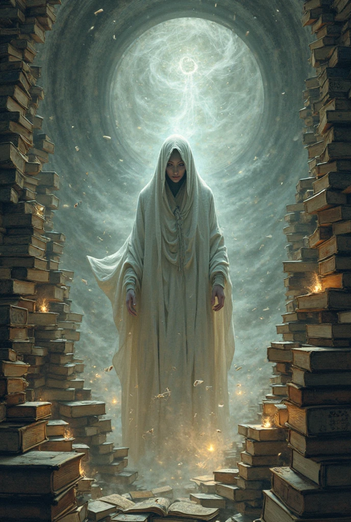 (medium full shot) of (transparent ghost) ethereal figure, transparent fading body, fading hands, faintly glowing blue eyes, translucent skin, with tattered robes, faintly visible with an eerie glow, ominous, chains around its wrists, carrying a book, set in a ghostly village, with crumbling buildings, faint whispers, a haunting stillness , at night, amidst a thick fog, ,Masterpiece,best quality, photo, realistic, very aesthetic, detailed face,