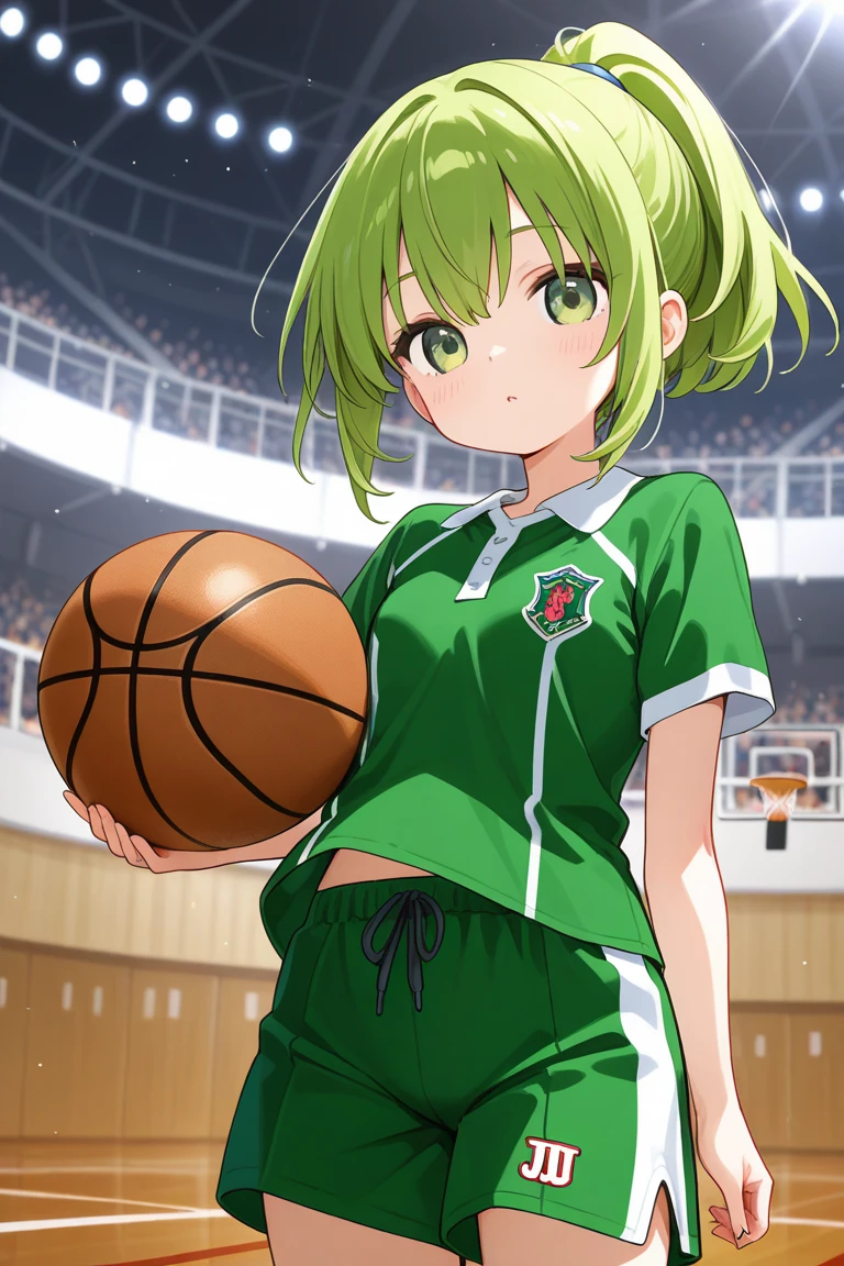 (top-quality、in 8K、32K、masterpiece、nffsw、超A high resolution、Impresionismo、Photorealsitic:1.2)、Full body, Inside the gymnasium、Basketball court、beauitful face、blurry backround、16-year-old beautiful girl、shinny skin、short-hair、Beautiful golden hair、Green eyes、(Hachimaki:1.2)、Basketball Uniforms、Curve、dynamicposes