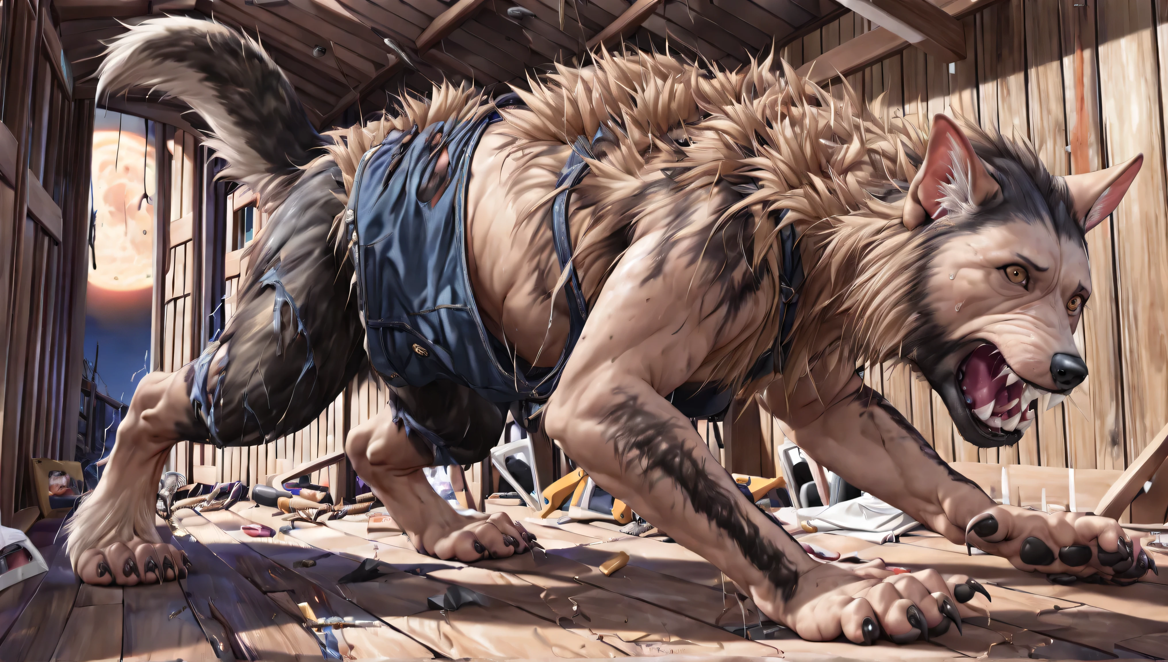 Backside, shot from back, black skin:1.4, human:0.8, Werewolf transformation, mid morfing, [werewolf: human:0.7], [arms: paws:0.6], [grey human skin: fur: 0.4], detailed fur, gradual fur, spread, shaking:1.1, crying, sweating, in pain:0.8, scared:0.8, shaking, confused:0.8, torn clothes:1.1, thick fingers through, torn socks, deep night, ((darkness, dramatic moonlight, night)), abandoned cabin, scraps around, clothes scraps,((Ultra-detailed, Realistic, Photorealistic, photo-realistic:1.37), 4k, 8k, RAW, HDR, UHD, Canon EOS P3, Canon EOS R3, 85mm f/1.4, 15mm, 35mm, 80mm, f2.8, high resolution, hd, full colour, 4k, high definition, 3 point lighting, sharp focus, smooth, Professional, cinematic, extreme detail, (high detail:1.4) description, masterpiece, deep shades:1.2, best quality,))