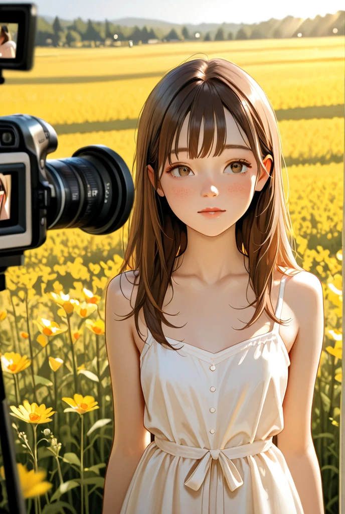 Ultra-clear realistic, sunset, wearing a beautiful dress hat girl, facial features clear delicate beautiful sunset, holding a camera, wheat fields, winding rivers, trees, Wheat haystack, warm style, surreal, ultra-high definition, 8K resolution, pixel perfect, perfect ultra-fine detail