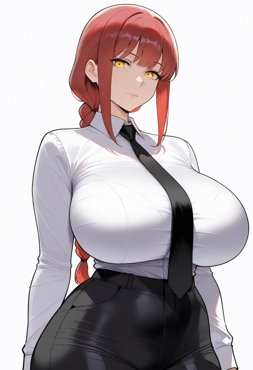 makima, braided ponytail, ringed eyes, formal, black jacket, white shirt, black necktie, black pants, mature female, milf, motherly, wide hips thick thighs, huge breasts, plump, big round breasts, big ass